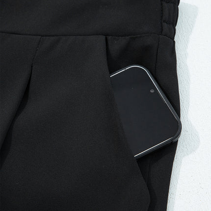 Black Pleated Detail Pull On High Elastic Waist Loose Straight Pants