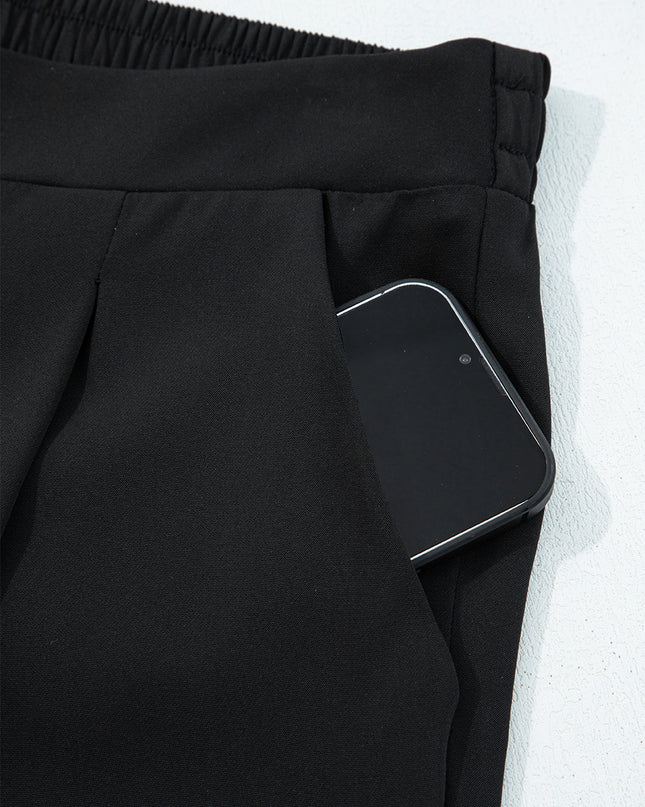 Black Pleated Detail Pull On High Elastic Waist Loose Straight Pants