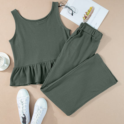 Beau Blue Solid Color Ribbed Ruffle Tank Top and Pants Set