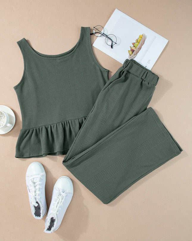 Beau Blue Solid Color Ribbed Ruffle Tank Top and Pants Set