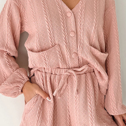 Gossamer Pink Cable Knit V Neck Cardigan Shorts Set