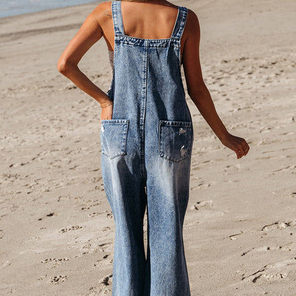 Stone Blue Distressed Bib Pocket Wide Leg Denim Overall