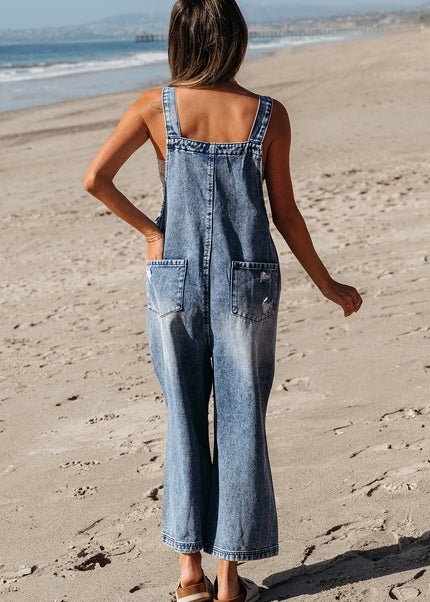 Stone Blue Distressed Bib Pocket Wide Leg Denim Overall