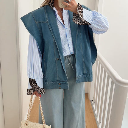 Sky Blue Stripe Ruffled Leopard Patchwork Long Sleeve Button Down Loose Shirt