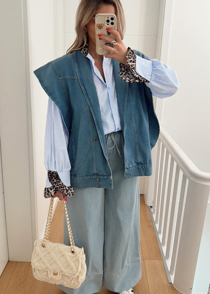 Sky Blue Stripe Ruffled Leopard Patchwork Long Sleeve Button Down Loose Shirt