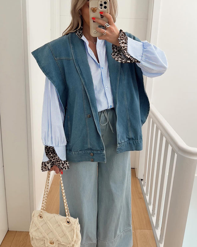 Sky Blue Stripe Ruffled Leopard Patchwork Long Sleeve Button Down Loose Shirt