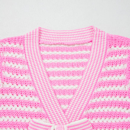 Pink Stripe Short Sleeve Knit V Neck Bow Knot Sweater