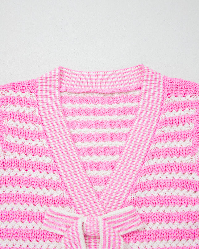 Pink Stripe Short Sleeve Knit V Neck Bow Knot Sweater