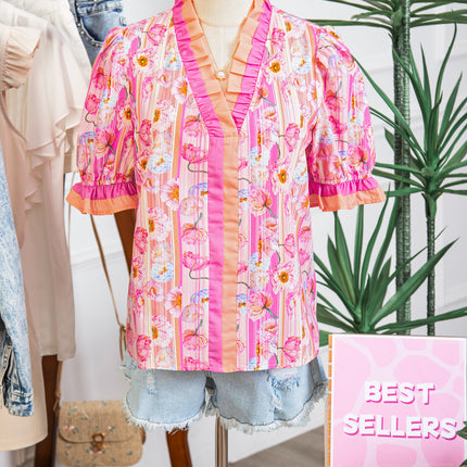 Pink Poppy Flower Striped Print Color Block Trim V Neck Short Sleeve Blouse