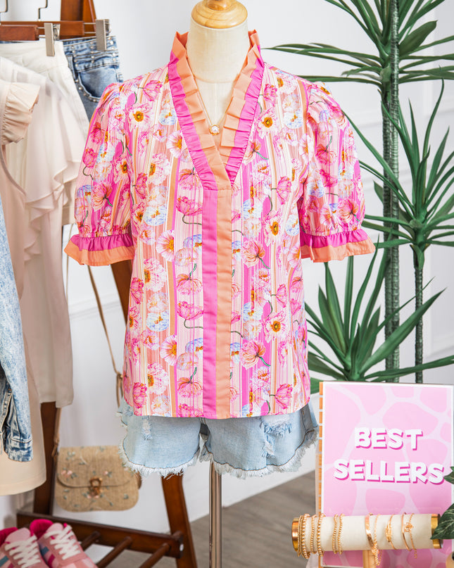 Pink Poppy Flower Striped Print Color Block Trim V Neck Short Sleeve Blouse