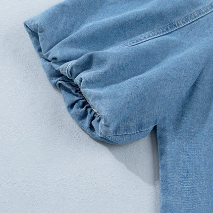 Beau Blue Button Down Short Puff Sleeve Ruffle Hem Patchwork Denim Dress