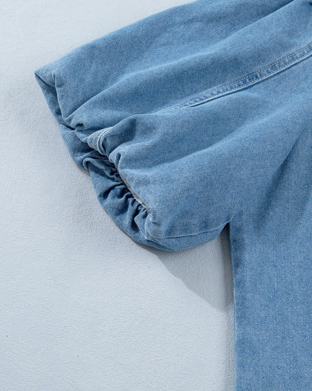 Beau Blue Button Down Short Puff Sleeve Ruffle Hem Patchwork Denim Dress
