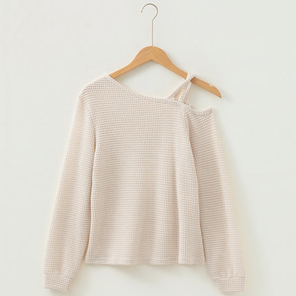 Jet Stream Solid Color Textured Knit Asymmetric Shoulder Long Sleeve Top