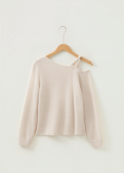 Jet Stream Solid Color Textured Knit Asymmetric Shoulder Long Sleeve Top