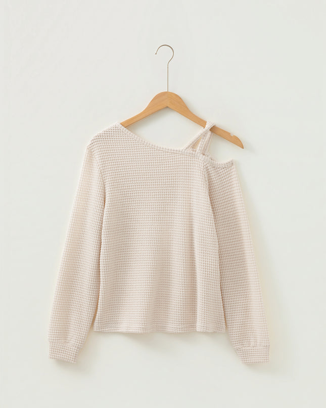 Jet Stream Solid Color Textured Knit Asymmetric Shoulder Long Sleeve Top