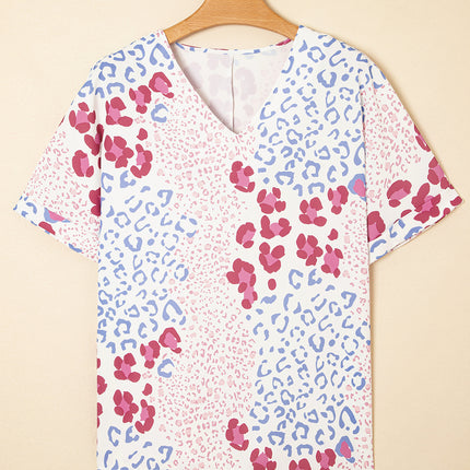 Leopard Print V Neck Short Sleeve Blouse