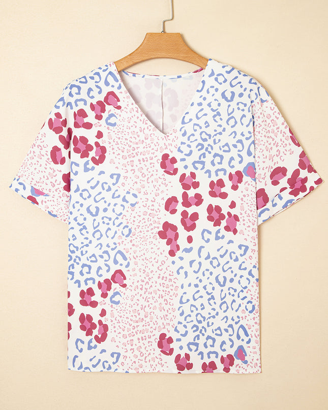 Leopard Print V Neck Short Sleeve Blouse