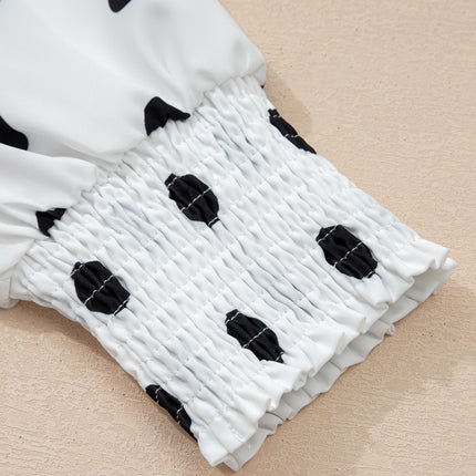 White Polka Dot Print Round Neck Frilled Long Sleeve Blouse