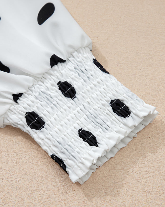 White Polka Dot Print Round Neck Frilled Long Sleeve Blouse
