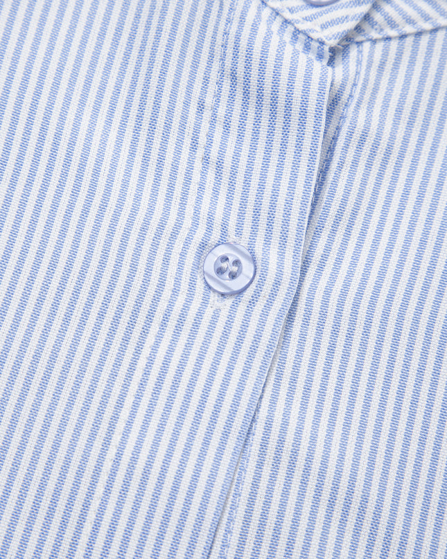 Sky Blue Stripe Ruffled Leopard Patchwork Long Sleeve Button Down Loose Shirt