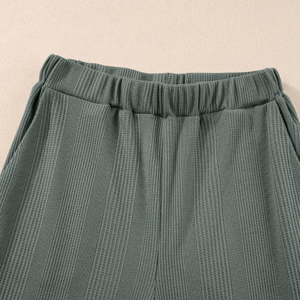 Beau Blue Solid Color Ribbed Ruffle Tank Top and Pants Set
