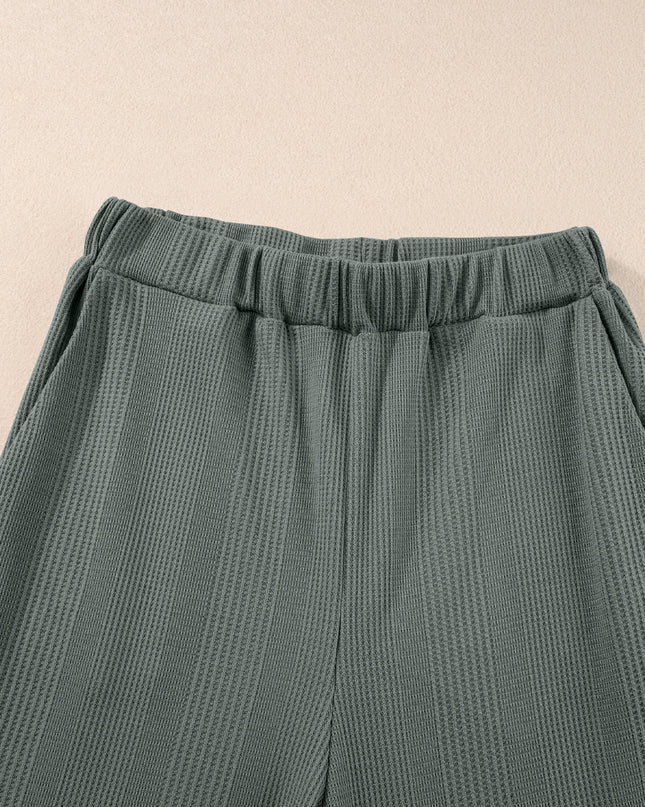 Beau Blue Solid Color Ribbed Ruffle Tank Top and Pants Set