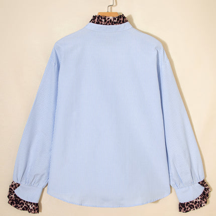 Sky Blue Stripe Ruffled Leopard Patchwork Long Sleeve Button Down Loose Shirt