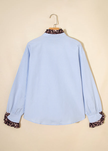 Sky Blue Stripe Ruffled Leopard Patchwork Long Sleeve Button Down Loose Shirt