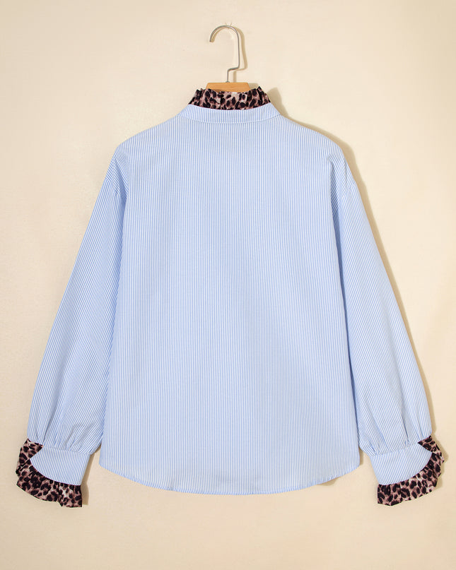 Sky Blue Stripe Ruffled Leopard Patchwork Long Sleeve Button Down Loose Shirt