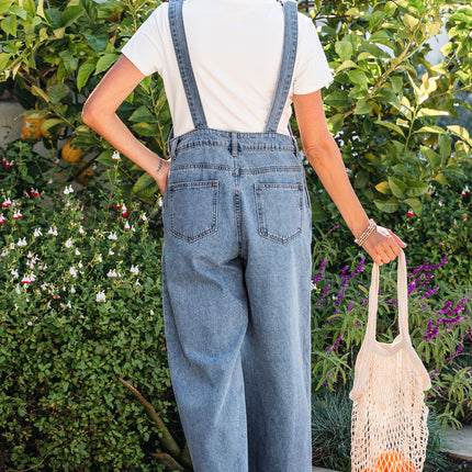 Dusk Blue Pleated Wide Leg Retro Pocketed Denim Jumpsuit