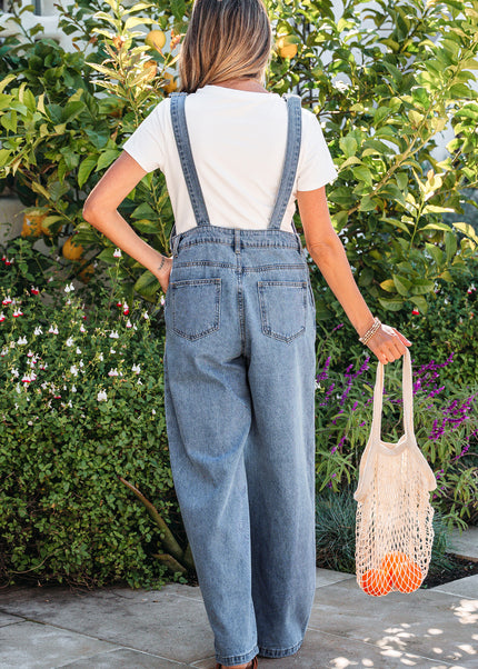 Dusk Blue Pleated Wide Leg Retro Pocketed Denim Jumpsuit