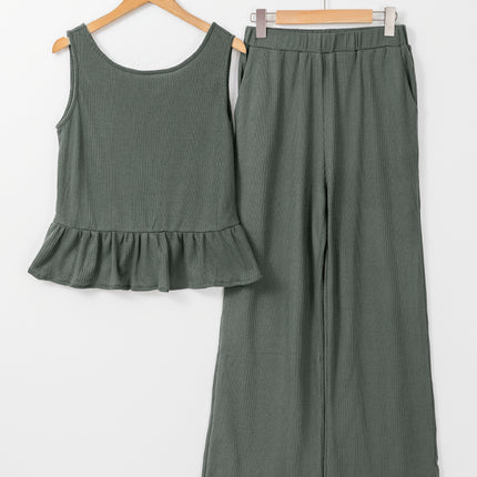 Beau Blue Solid Color Ribbed Ruffle Tank Top and Pants Set