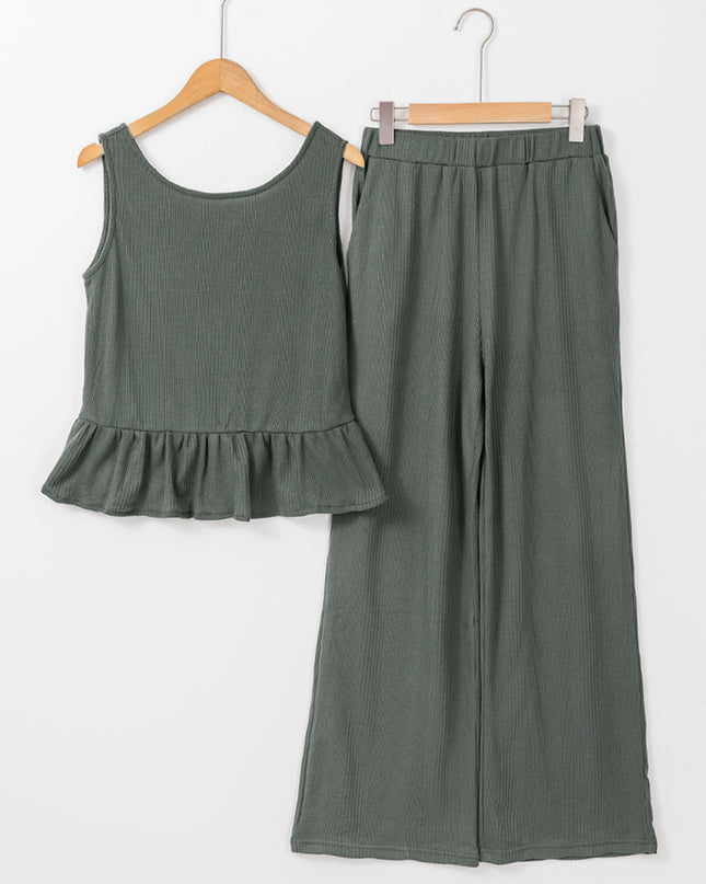 Beau Blue Solid Color Ribbed Ruffle Tank Top and Pants Set