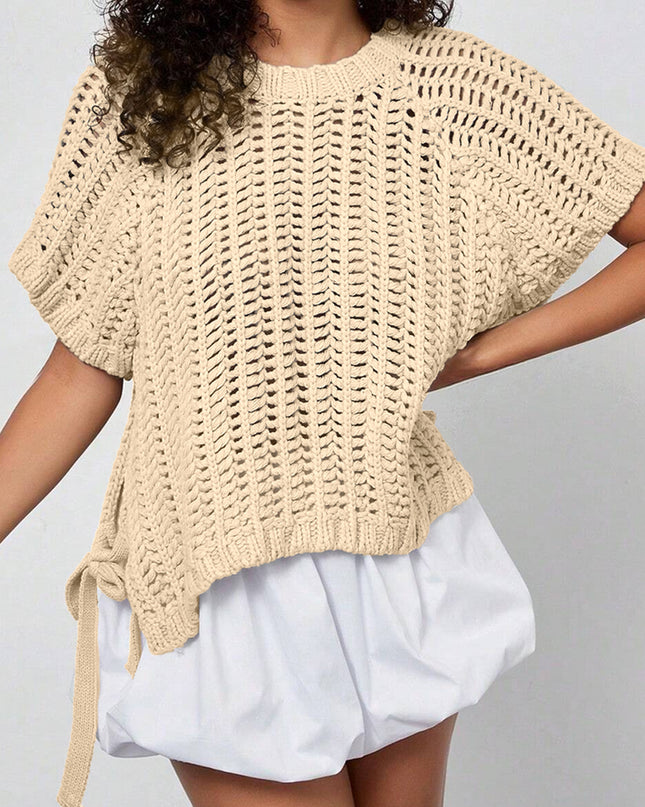 Apricot Plus Size Open Knit Bow Tie Short Sleeve Sweater