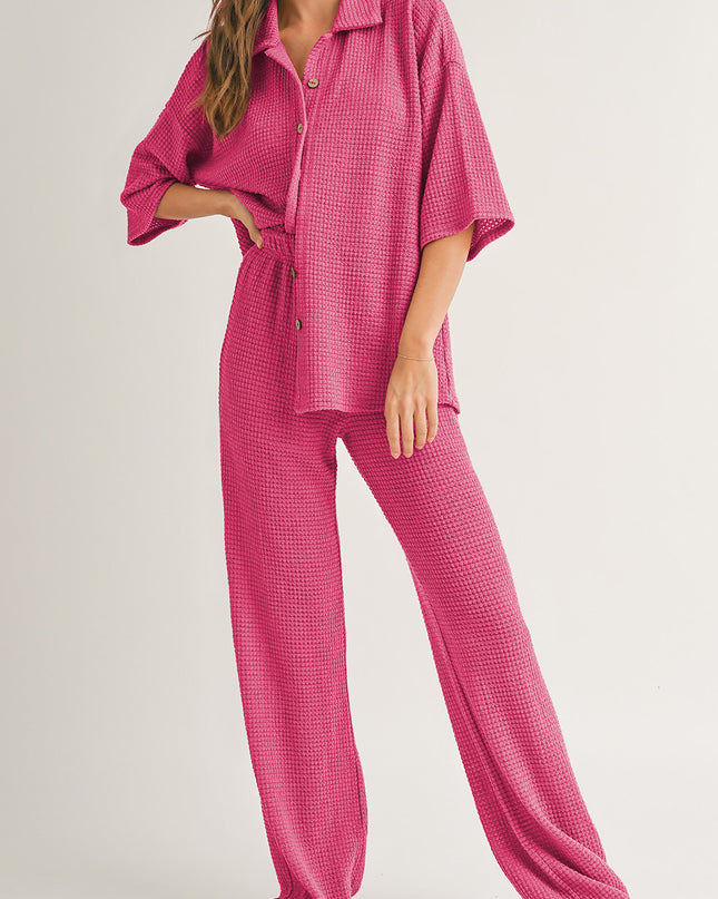 Rose Red Solid Color Textured Buttoned Shirt and Casual Pants Set
