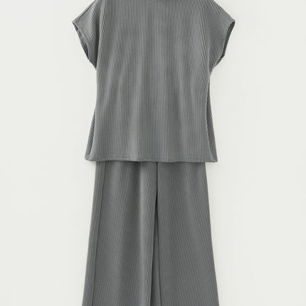 Dark Grey Twisted Ribbed High Neck Loose Tee Elastic High Waist Loose Pant Set