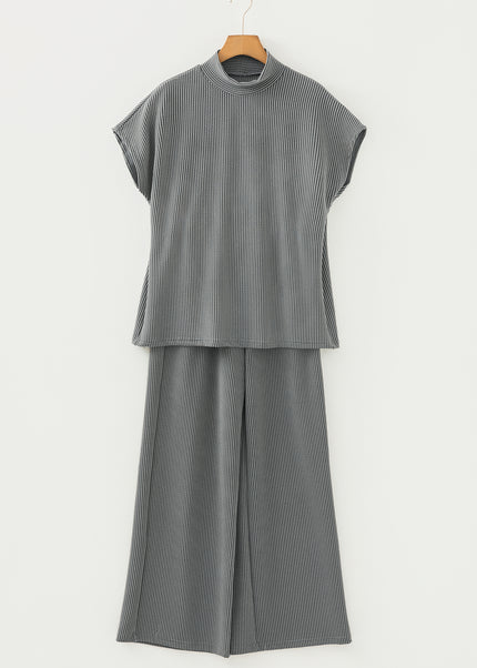 Dark Grey Twisted Ribbed High Neck Loose Tee Elastic High Waist Loose Pant Set