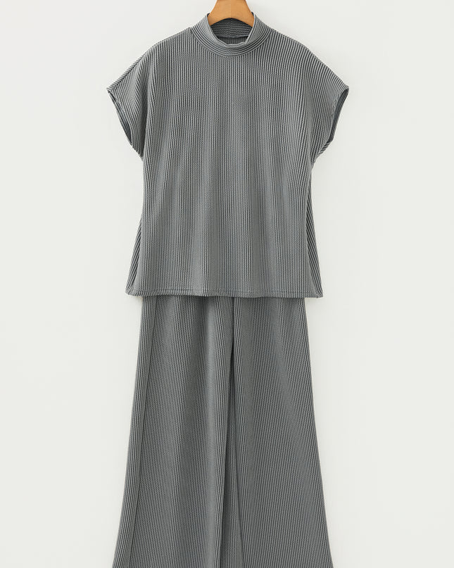 Dark Grey Twisted Ribbed High Neck Loose Tee Elastic High Waist Loose Pant Set