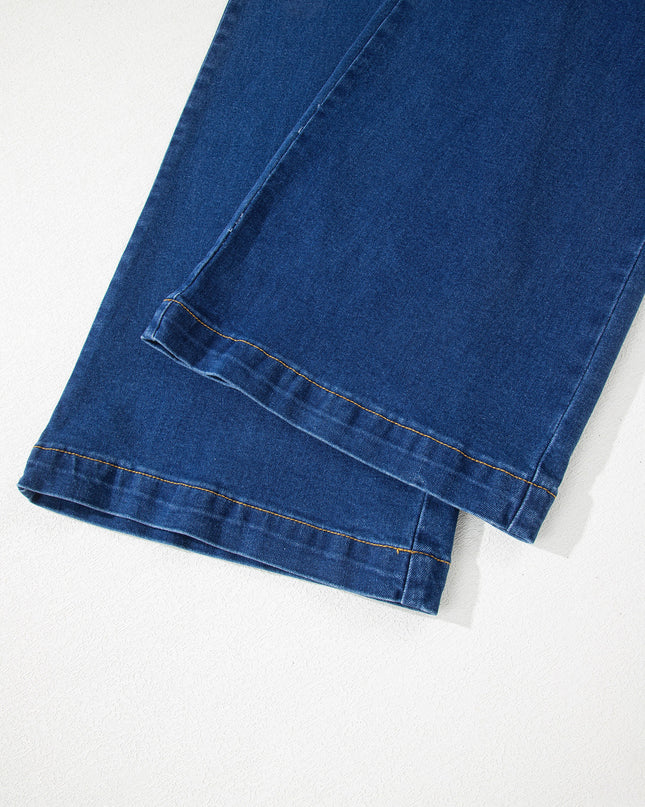 Sail Blue Hardware Decor Patched Pockets Wide Leg Jean Pants
