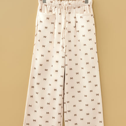 Apricot Bow Print Drawstring Elastic Waist Loose Corduroy Pants