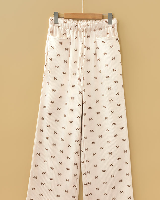 Apricot Bow Print Drawstring Elastic Waist Loose Corduroy Pants