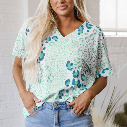Leopard Print V Neck Short Sleeve Blouse