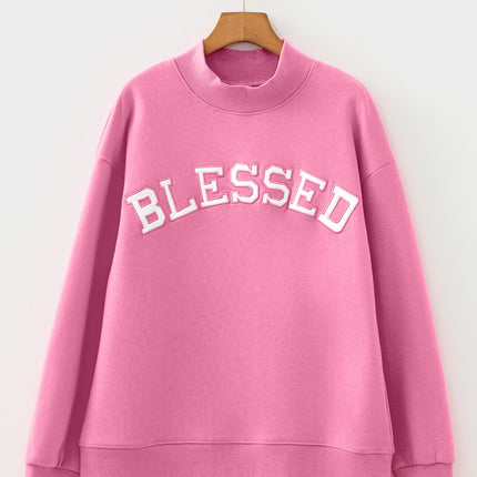 Bright Pink Oversize Blessed Embroidered Mock Neck Sweatshirt