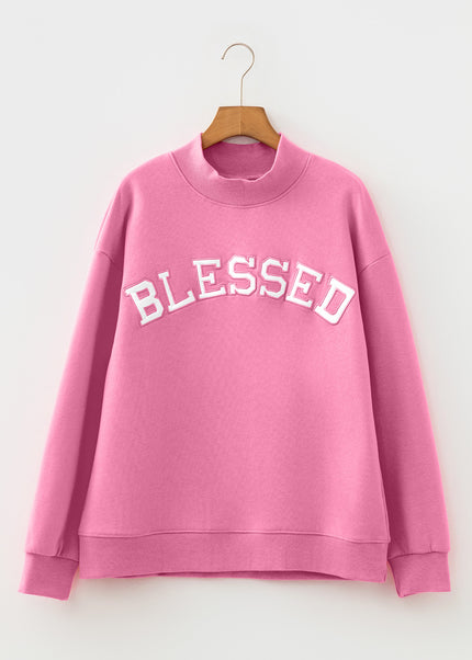 Bright Pink Oversize Blessed Embroidered Mock Neck Sweatshirt