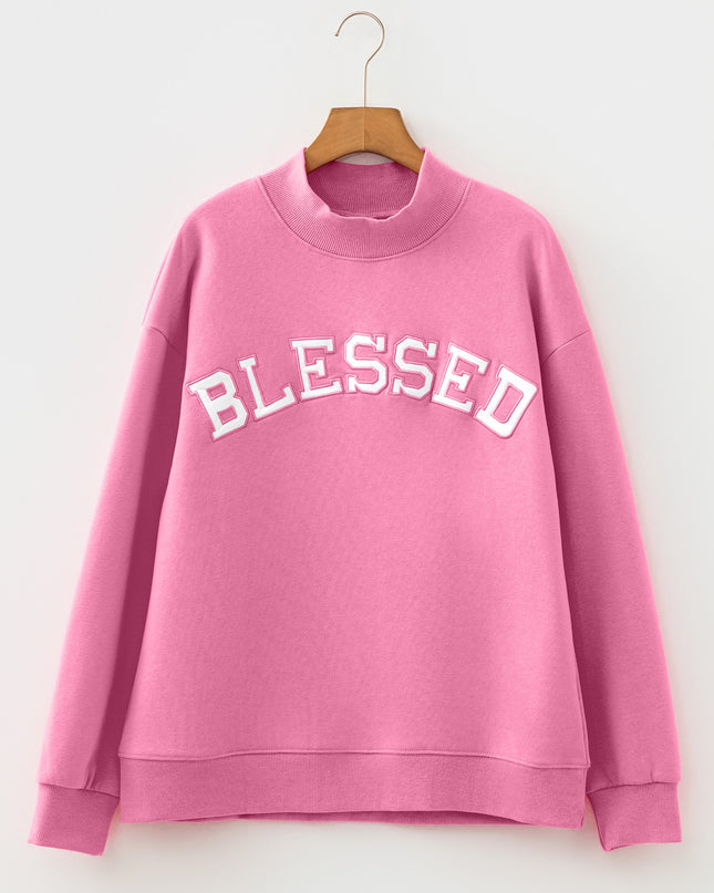 Bright Pink Oversize Blessed Embroidered Mock Neck Sweatshirt