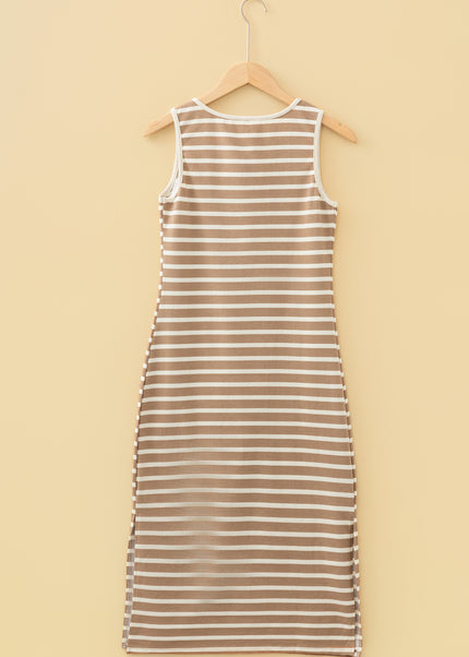 Sky Blue Stripe Tie V Neck Sleeveless Side Slit Midi Dress