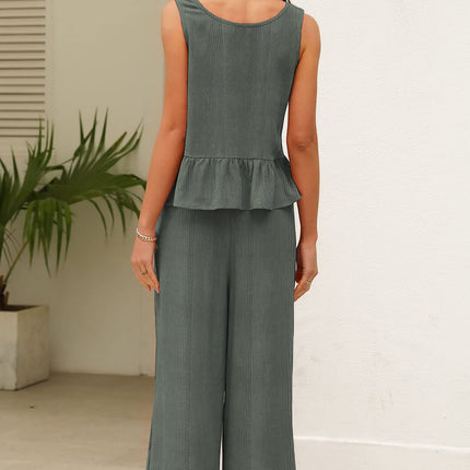 Beau Blue Solid Color Ribbed Ruffle Tank Top and Pants Set