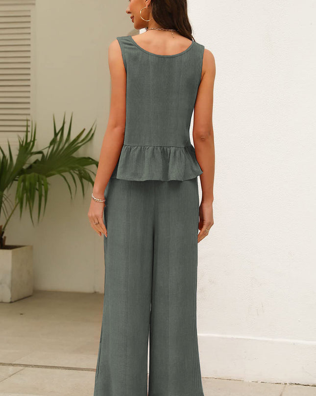 Beau Blue Solid Color Ribbed Ruffle Tank Top and Pants Set