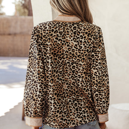 Khaki Contrast Striped Trim V Neck Leopard Shirt