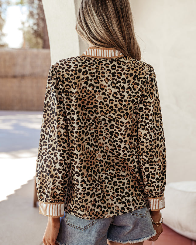 Khaki Contrast Striped Trim V Neck Leopard Shirt